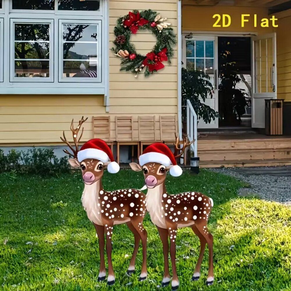 2D Festive Holiday Christmas Baby Deer in Santa Hats Garden Outdoor Stake